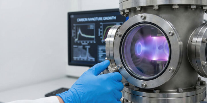 Scientist adjusts steel nanotechnology vacuum chamber showing violet plasma glow for research