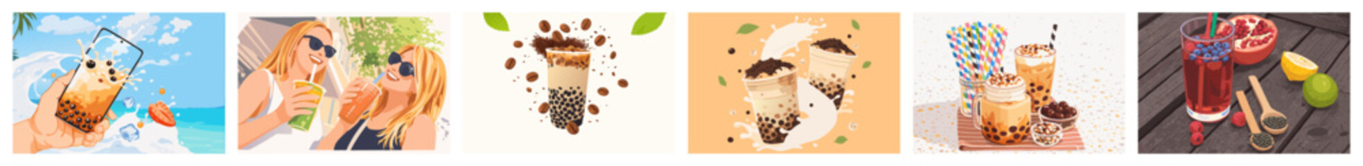 Modern boba tea products set rich in content both visually and in flavor with fruits and milk.