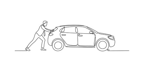 Obraz premium Businessman pushing a car in continuous line drawing style symbolizing effort and challenge isolated on white background, Vector, illustration