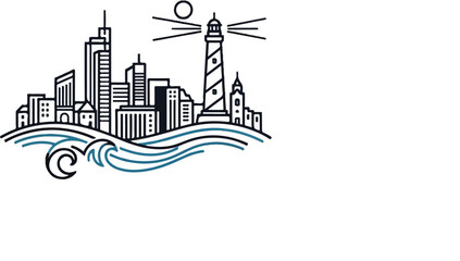 Fototapeta premium Coastal city skyline with a towering lighthouse and crashing waves below, minimalist line art illustration