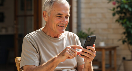 Fototapeta premium Senior man smiling while using smartphone at home during daytime 