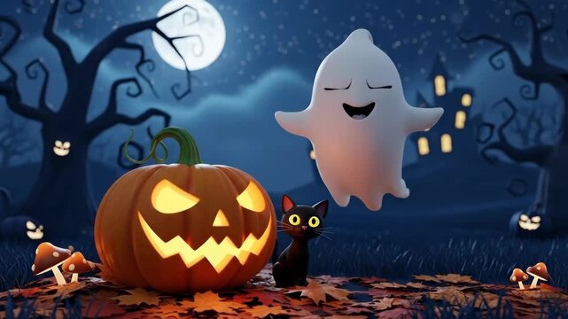 Floating friendly ghost and glowing pumpkin light up the spooky night