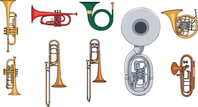 Collection of assorted brass musical instruments displayed neatly on a white background from a straightforward viewpoint