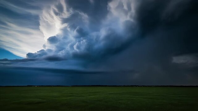Dramatic storm clouds over a vast green field, with a hint of sunlight breaking through