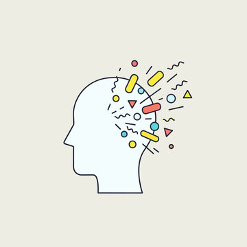 Abstract illustration of a human head with exploding geometric shapes and lines.
