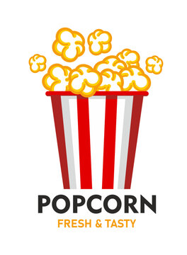 Movie popcorn icon, pop corn bucket snack label or vector badge Popcorn splash with caramel golden yellow kernels from red striped bucket for cinema bar menu or movie sweet food snack package label