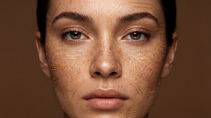 Close-up portrait of a woman's face with a natural, healthy complexion and a light facial scrub applied