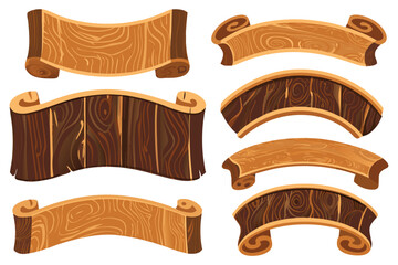 A set of dark oak wooden plaques and curved scrolls, polished finish, golden trim