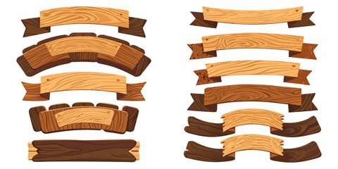 2D game assets A sheet of light pine wood banners, long horizontal planks and wavy ribbon styles, clean edges.