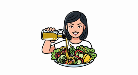 An illustration of a smiling woman pouring dressing from a bottle onto a fresh, colorful salad
