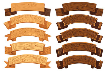 Collection of wide wooden banners and ribbons for game UI, curved and straight variations, stylized hand-painted wood texture.