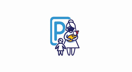 Stylized graphic of a mother holding a baby, a child standing beside her, with a blue 'P' parking sign
