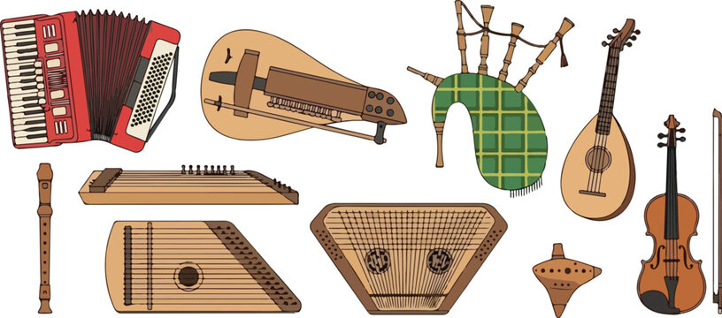 Collection of traditional musical instruments displayed together on a white background from a direct overhead viewpoint
