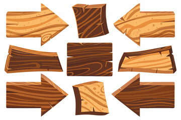 Set of thick wooden arrow signs pointing left and right, jagged hand-cut edges, stylized wood grain texture, flat 2D vector art, game UI assets