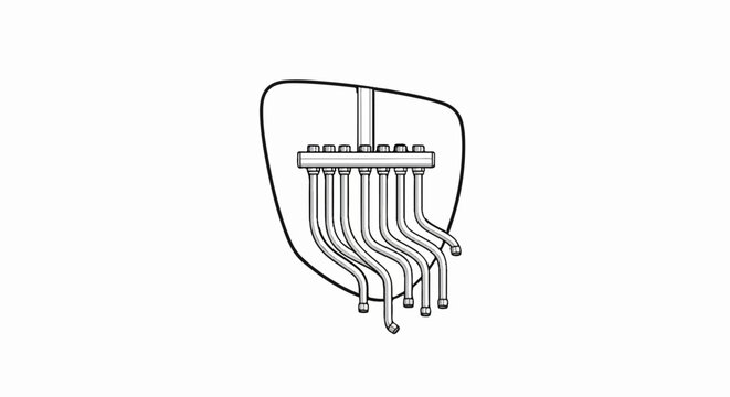 Technical illustration of a manifold with several pipes and connectors, set against a plain white background