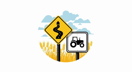Illustration of road signs (winding road, tractor) amidst a wheat field under a blue cloudy sky