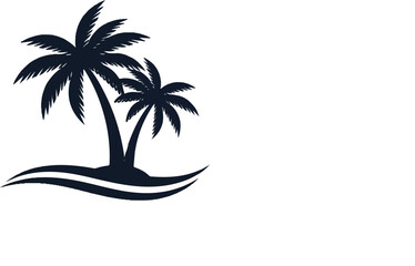 Fototapeta premium Two dark palm tree silhouettes on a small island, with stylized ocean waves below. Tropical, minimalist graphic