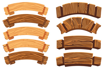 Weathered wooden planks and curved banners with iron bolts, 2D game art style, collection