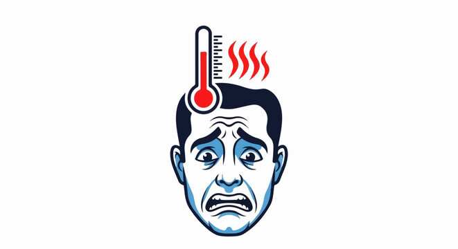 Illustration of a man's head with a thermometer above, depicting fever, stress, or overheating