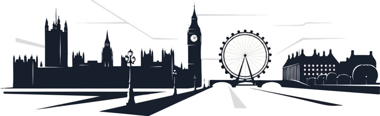 Fototapeta premium Stylized silhouette illustration of a famous European city skyline with iconic buildings and a large Ferris wheel