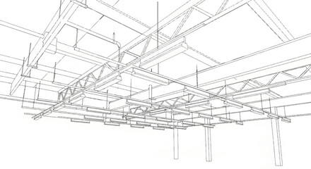 Line drawing perspective of an industrial or commercial building interior, showing exposed ceiling trusses, pipes, and fluorescent lights