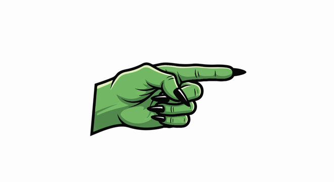Cartoon green zombie hand with sharp black claws points right on a white background, spooky gesture
