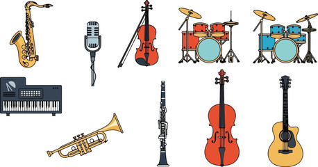 Fototapeta premium Various musical instruments arranged neatly on a white background, viewed from directly above.