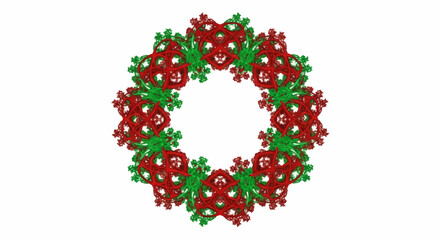 Intricate red and green fractal wreath on white background, symmetrical and complex digital art
