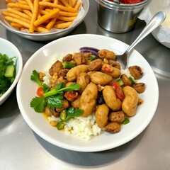 Hearty rice bowl with gnocchi like pasta and fresh vegetables garnished with cilantro