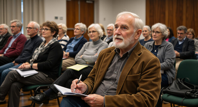 Senior man taking notes during a seminar with a group. Elderly people attending an educational lecture or workshop