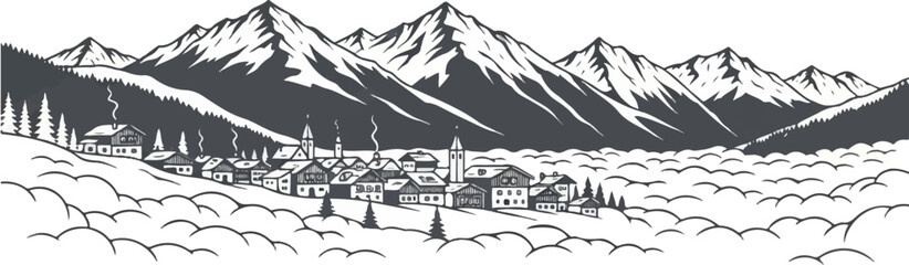 Stylized grayscale illustration of a charming alpine village nestled among snow-capped mountains and evergreen trees