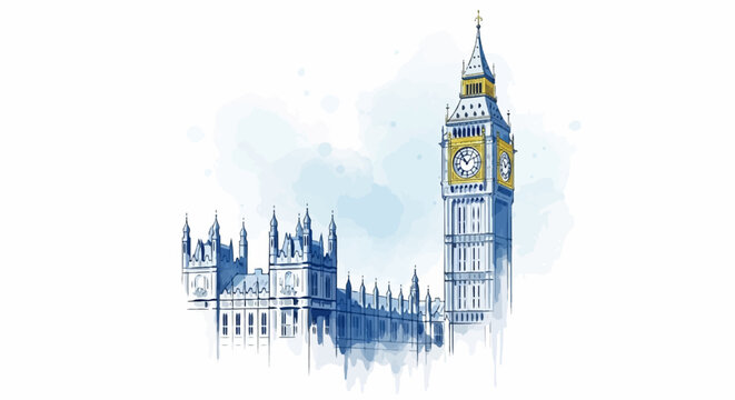 Watercolor illustration of an iconic clock tower with golden faces and an ornate architectural structure
