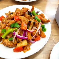 Sweet and sour chicken stir fry with vegetables on white plate, chinese food style