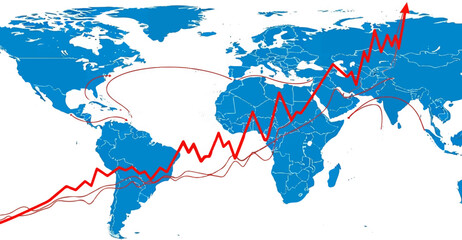 Obraz premium Global map showing blue continents on white, crisscrossed by a bold red upward-trending zigzag line and thin red paths