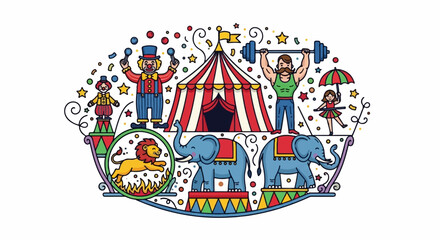 Obraz premium Vibrant circus illustration featuring a clown, strongman, acrobat, elephants, and lion around a big top tent