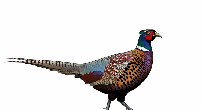 Colorful illustration of a ring-necked male pheasant standing, showcasing detailed plumage on white background