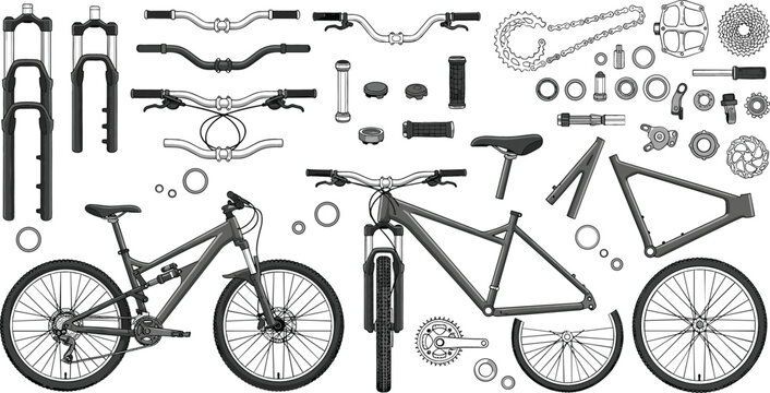 Technical grayscale vector illustration of bicycle assembly parts featuring frames handlebars gear systems and suspension for bike repair.