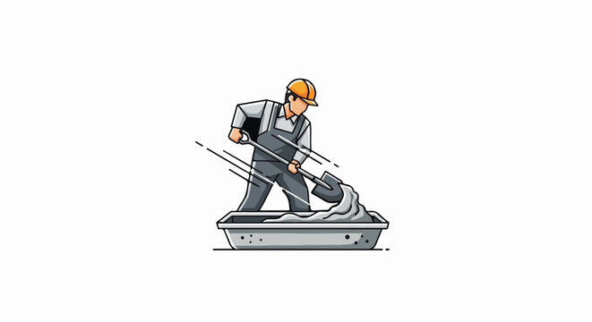 An illustration of a construction worker wearing a hard hat, mixing cement in a trough with a shovel