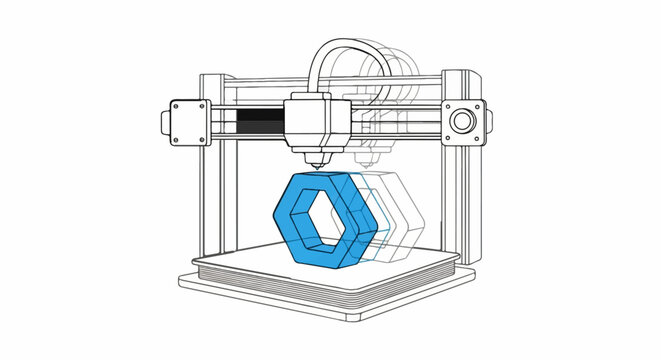 Line art illustration of a 3D printer creating a blue hexagonal shape, with ghosted previous layers