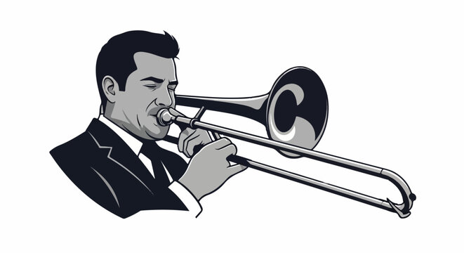 Cartoon man in suit plays a trombone with closed eyes, a focused expression, in grayscale illustration style