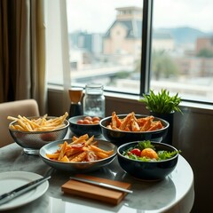 Table filled with various snacks and french fries near window overlooking city