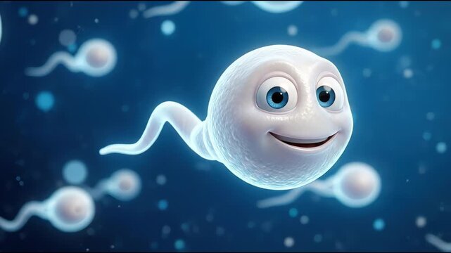 Animated sperm cell character illustration with smiling face, suitable for science education, biology presentation, fertility concept, health awareness, and educational material.