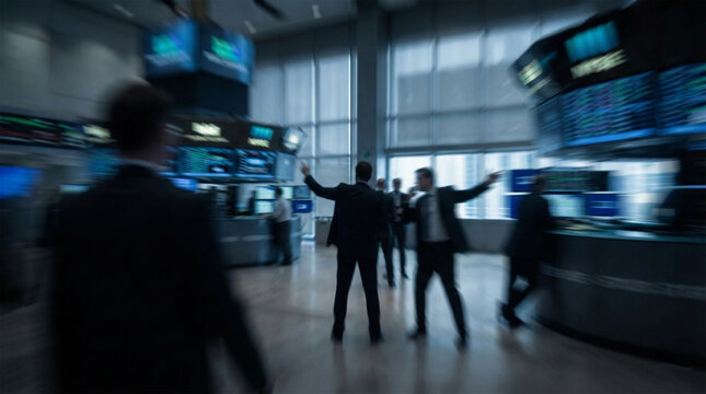 Busy stock exchange floor with blurred traders and digital screens