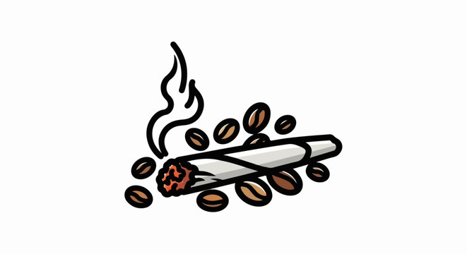 Cartoon illustration of a lit cigarette/joint with smoke, surrounded by roasted coffee beans