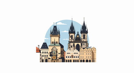 Obraz premium Stylized illustration of an ancient European city square featuring historic buildings and clock tower