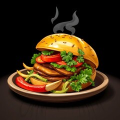 Juicy burger overflowing with toppings and vegetables on plate