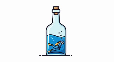 Cartoon illustration of a scuba diver swimming in a corked glass bottle filled with blue water and bubbles