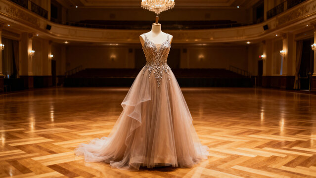 Elegant gown displayed on mannequin in grand ballroom setting  