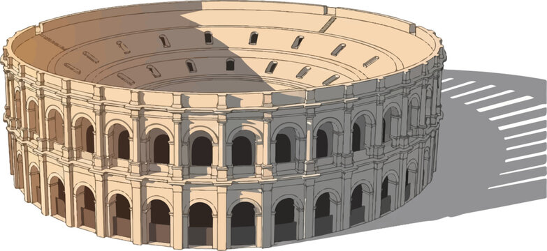 An isometric cartoon illustration of a grand ancient Roman arena with multiple arched levels and distinct shadows