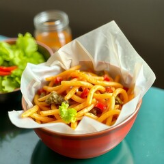 Red bowl filled with crispy golden fries topped with capers and bell peppers